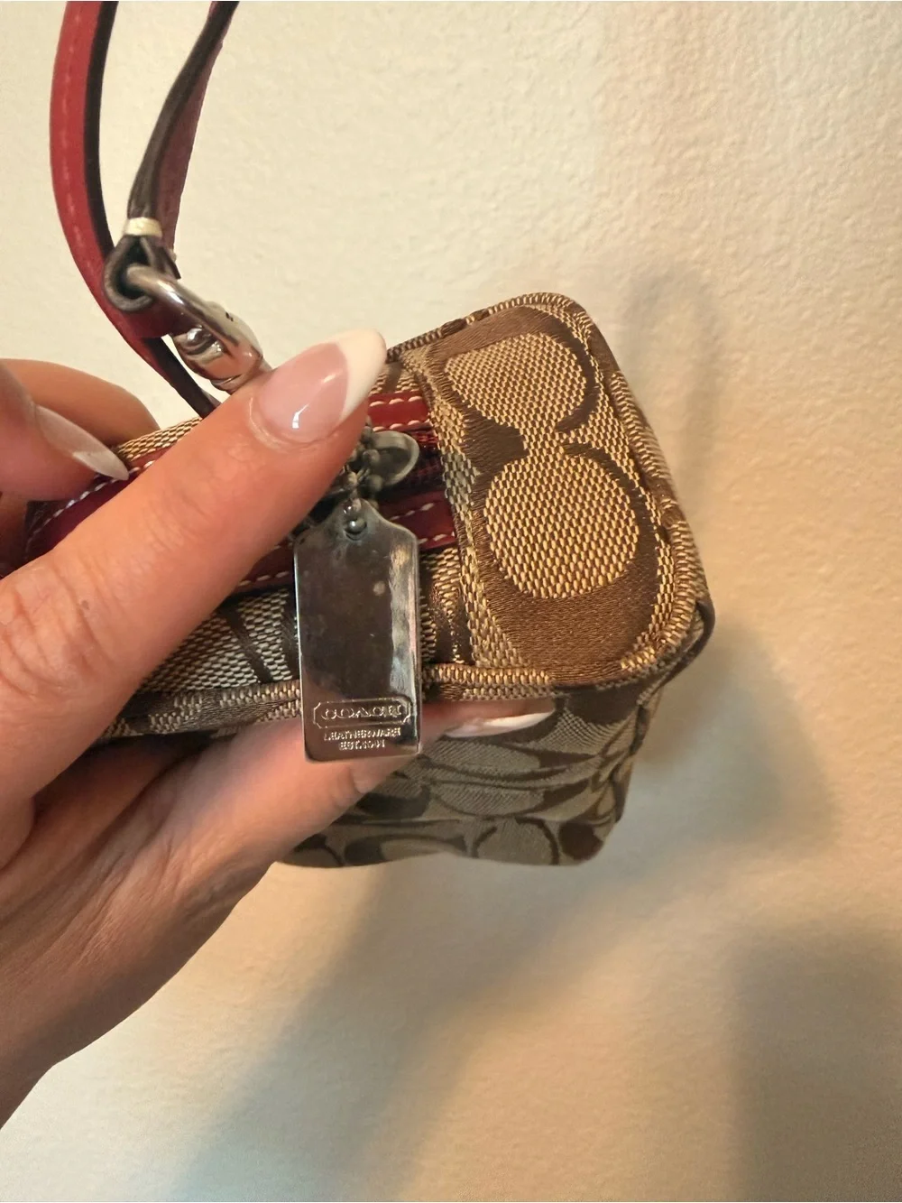 Coach Signature Canvas Wristlet in Brown with Red Strap - Picture 7 of 13